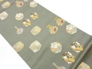 壺に茶器模様織出し袋帯